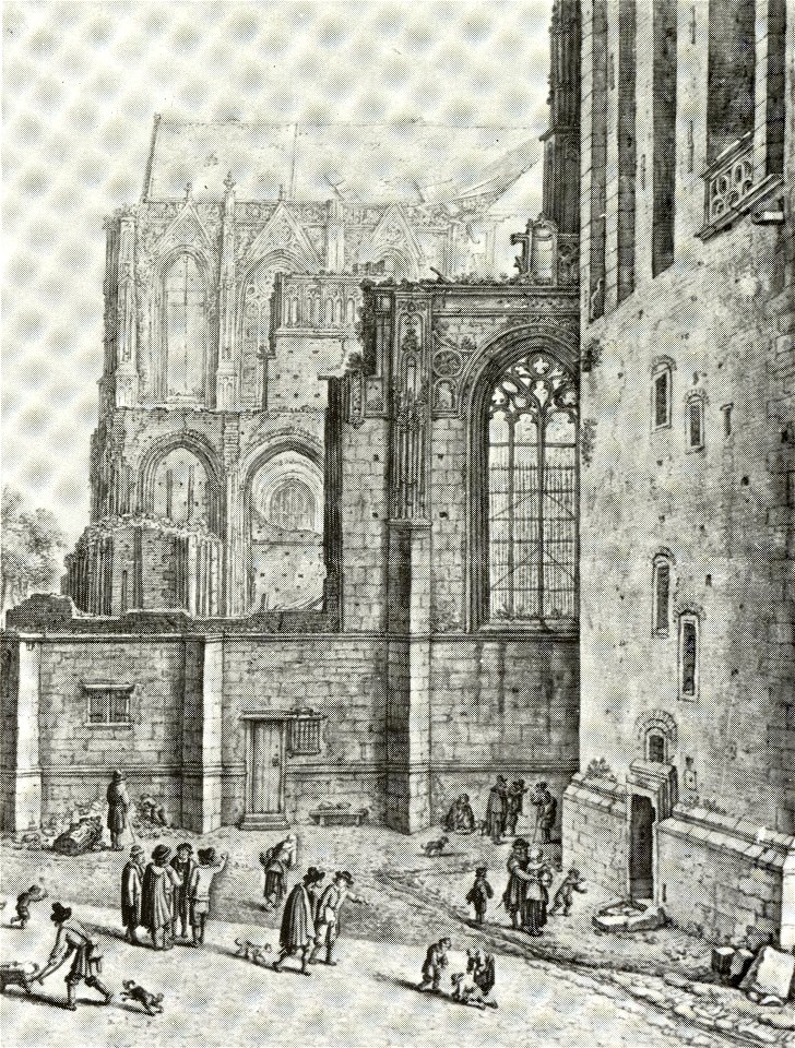 HUA-601602-Gezicht op het noordwestelijke gedeelte van het ingestorte schip en de westmuur van het noordertransept van de Domkerk te Utrecht met rechts de noordz