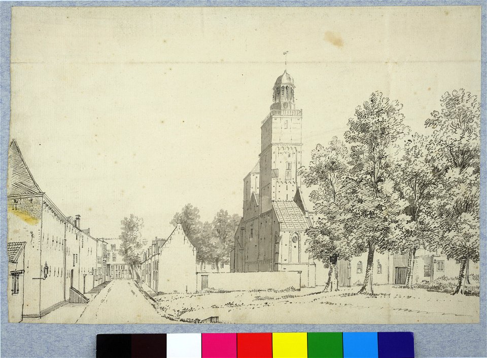 HUA-37464-Gezicht op de westpartij van de Nicolaikerk op het Nicolaaskerkhof te Utrecht uit het zuidwesten met links de gebouwen van het voormalige St Nicolaask