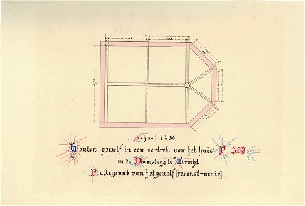 HUA-35283-Plattegrond van een vertrek met een gedecoreerd houten gewelf met gepolychromeerde ribben in het huis Domsteeg F 309NB Het adres Domsteeg F 309 is in 
