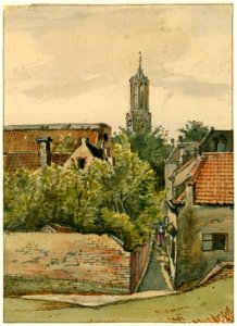 HUA-38482-Gezicht vanaf de stadswal te Utrecht op de stad met het steegje tussen de Eerste Achterstraat en de Lange Lauwerstraat met op de achtergrond de Domtor