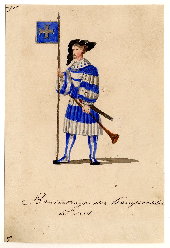 HUA-32759-Afbeelding van een kostuumontwerp van een banierdrager van de scheidsrechters van het toernooi figurant in de maskerade van de studenten van de Utrech