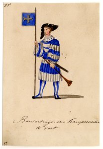 HUA-32759-Afbeelding van een kostuumontwerp van een banierdrager van de scheidsrechters van het toernooi figurant in de maskerade van de studenten van de Utrech