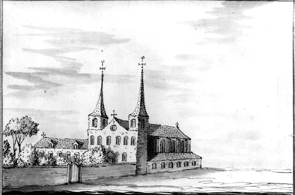 HUA-37132-Gezicht op de Oudmunsterkerk op het Munsterkerkhof te Utrecht uit het zuidwesten met een gefantaseerde aanbouw aan de noordzijdeNB de naam Munsterkerk