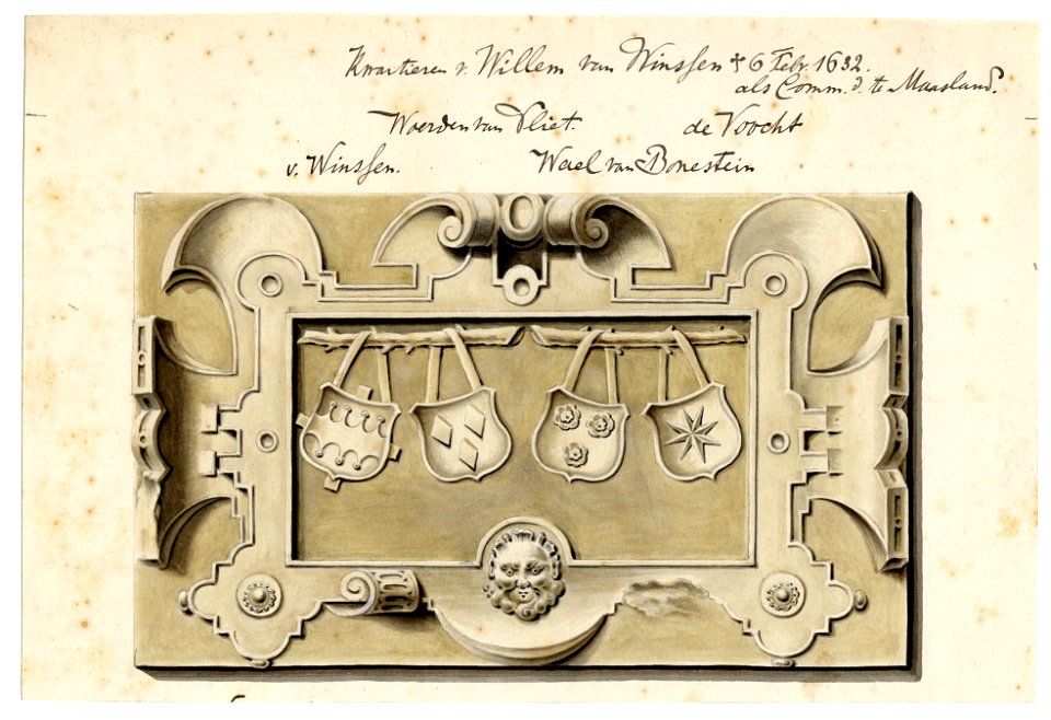 HUA-39379-Afbeelding van de gevelsteen met de kwartieren van Willem van Winsen overleden 6 februari 1632 boven de ingang van de conciërgewoning van het Huis van