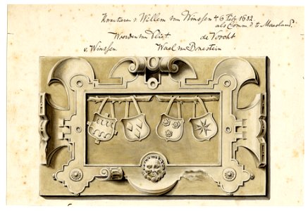 HUA-39379-Afbeelding van de gevelsteen met de kwartieren van Willem van Winsen overleden 6 februari 1632 boven de ingang van de conciërgewoning van het Huis van