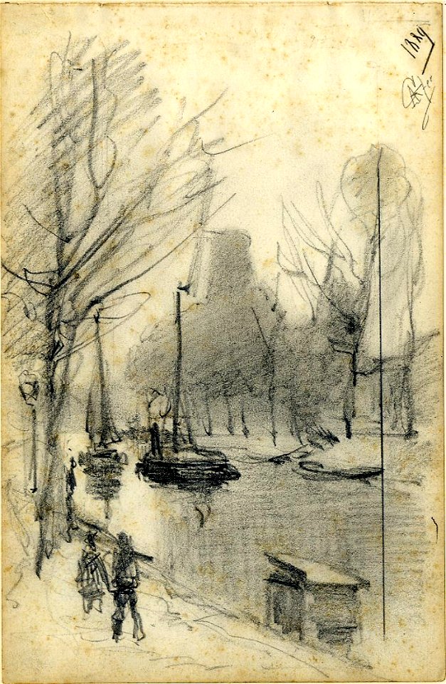 HUA-39429-Gezicht vanaf de Catharijnebrug over de Catharijnesingel te Utrecht met op de achtergrond de contouren van de molens op het Paardenveld uit het zuiden