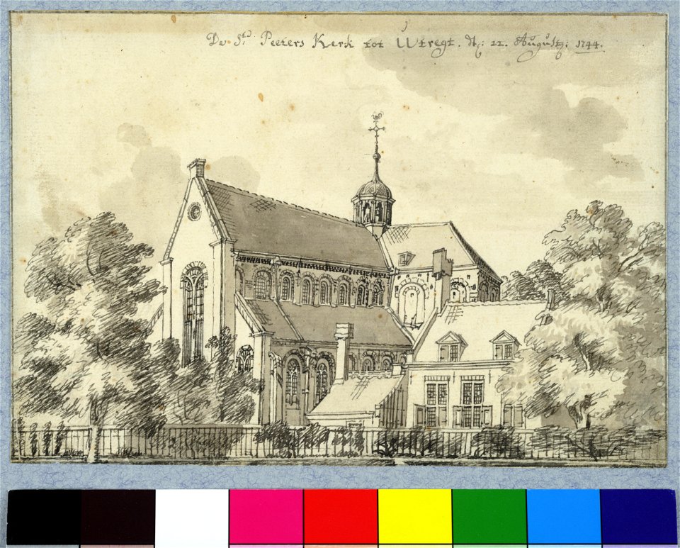 HUA-37147-Gezicht op de Pieterskerk te Utrecht uit het zuidwesten vanuit de tuin van het huis Achter St Pieter 180 met rechts de Grote Kapittelzaal