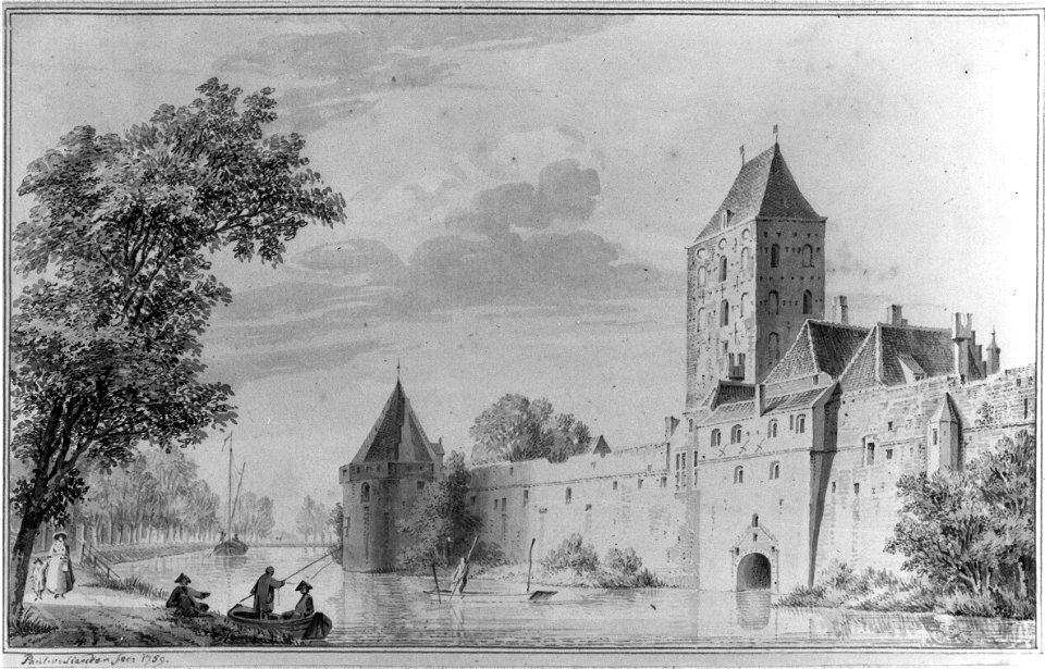 HUA-36697-Gezicht vanaf de singel over de stadsbuitengracht op de stadswal van Utrecht uit het noordwesten met de waltoren de Vos en de Plompetoren achter de st