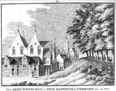 HUA-38429-Gezicht vanaf de stadswal te Utrecht op het Leeuwenberggasthuis aan de Schalkwijksteeg met op de achtergrond de Bruntskameren en het huis Groot Lepele