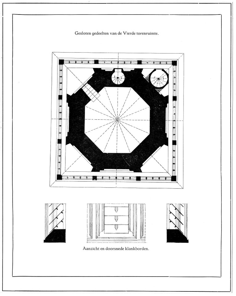 HUA-6259-Plattegrond van de vierde geleding van de Cuneratoren te Rhenen met daaronder enkele details van de klankborden in de galmgaten