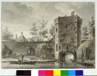 HUA-38528-Gezicht over de stadsbuitengracht te Utrecht op de stadsmuur met de Servaastoren boven de toegang tot de Nieuwegracht uit het zuidoosten met achter de