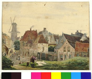 HUA-38549-Gezicht vanaf de stadswal te Utrecht in de Wijde Doelen met op de achtergrond de molen op de Bijlhouwerstoren en de gedeeltelijke achtergevels van hui