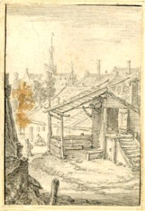 HUA-38548-Gezicht op de stad Utrecht vanaf de stadswal ter hoogte van de Keukenstraat of de Magdalenastraat met een verbouwd waakhuisje op de voorgrond en op de