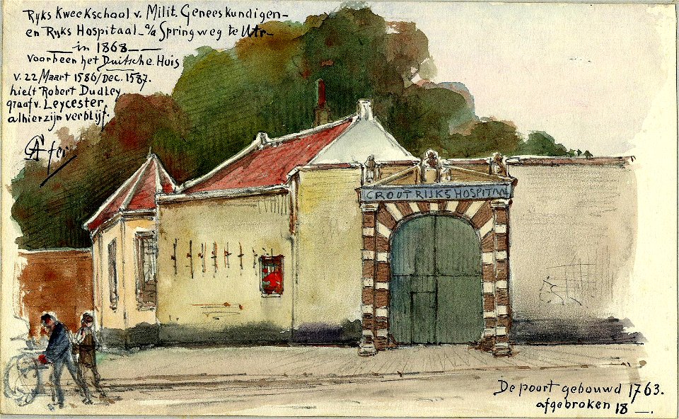 HUA-39371-Gezicht op de muur met de toegangspoort en de portiersloge van het Militair Hospitaal Springweg 21 in het voormalige klooster Het Duitse Huis te Utrec