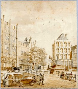 HUA-35766-Gezicht op de Oudegracht te Utrecht uit het zuidwesten met de Bezembrug en de stadskraan links de huizen Blijdestein en Rutenberg en rechts het huis K