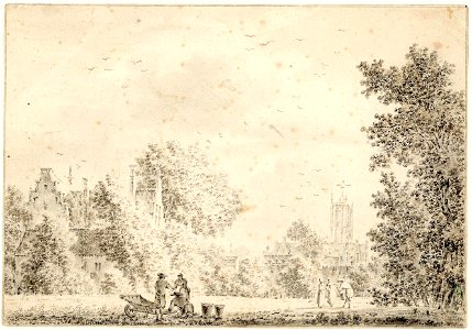 HUA-38629-Gezicht op het buitengebied van de Nieuwe Weerd ten noordwesten van Utrecht herkenbaar aan de Jacobikerk rechtsachter met links een groot huis