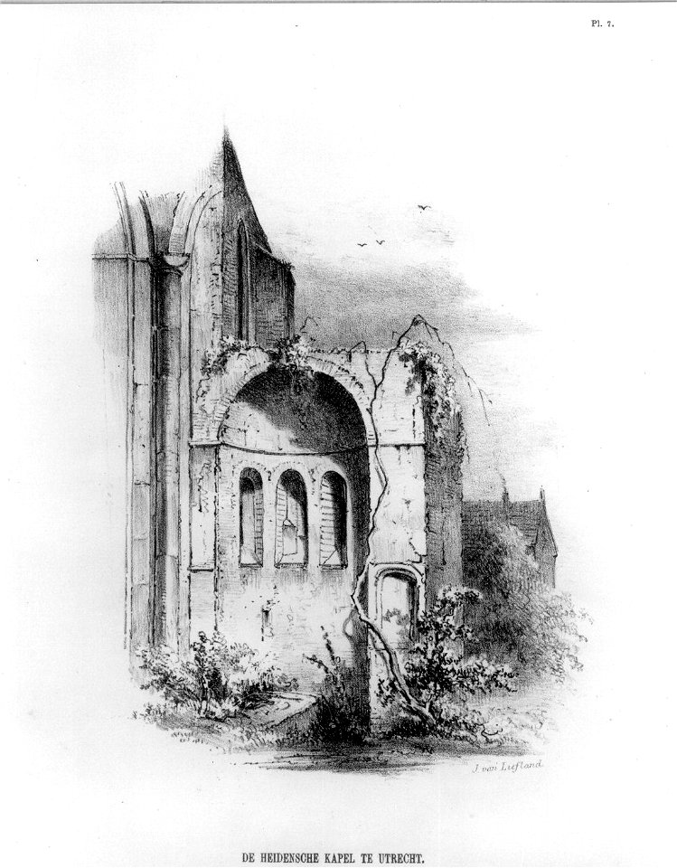 HUA-37284-Gezicht in de koorkapel aan de zuidelijke transeptarm van de Mariakerk te Utrecht voor de afbraak van het koor van de kerk in 1844 uit het westen