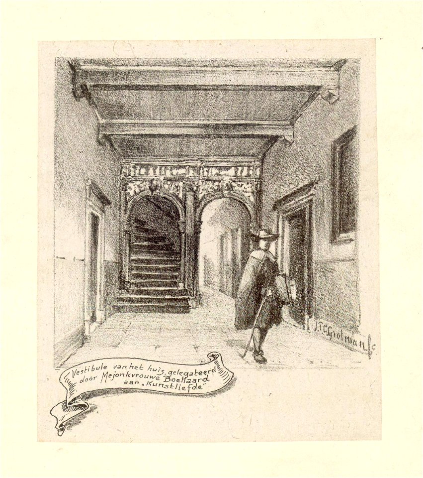 HUA-38601-Interieur van het huis Oudegracht Weerdzijde 152 de vestibule met een man in 17de eeuwse kledingNB Het adres Oudegracht Weerdzijde 152 is in 1917 gewi