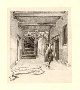 HUA-38601-Interieur van het huis Oudegracht Weerdzijde 152 de vestibule met een man in 17de eeuwse kledingNB Het adres Oudegracht Weerdzijde 152 is in 1917 gewi