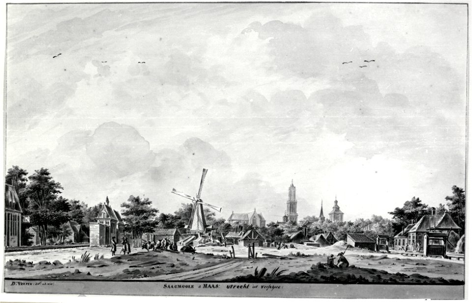 HUA-38153-Gezicht op de zaagmolen De Haas en de molenwerf aan het Zwarte Water te Utrecht met op de achtergrond de stad herkenbaar aan de Domkerk en toren en de