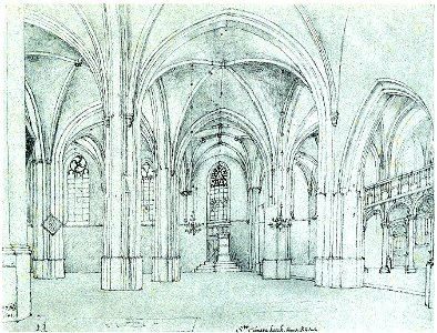 HUA-6303-Interieur van de Cunerakerk te Rhenen het noordertransept met links een gedeelte van het schip en rechts een gedeelte van het oxaal dat de afsluiting 