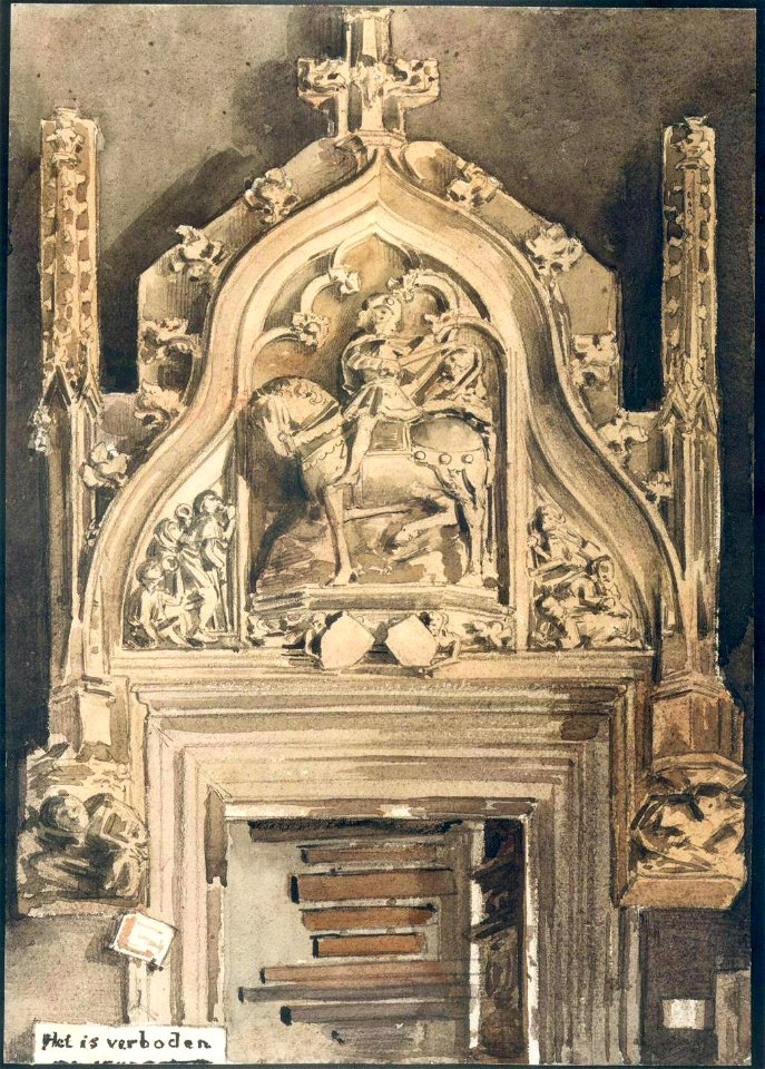 HUA-38731-Interieur van het stadhuis Stadhuisbrug te Utrecht het Stedelijk Museum van Oudheden op de tweede verdieping een gipsafgietsel van een bovendeurstuk u