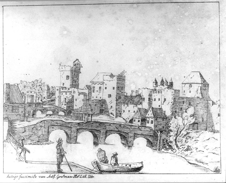 HUA-36521-Gezicht op de zuidzijde van de stad Utrecht uit het zuidoosten met de beide Tolsteegpoorten voor de verbouwing tot één poort met links op de achtergro