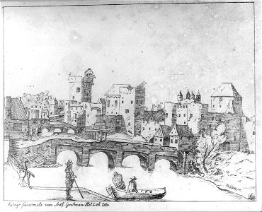 HUA-36521-Gezicht op de zuidzijde van de stad Utrecht uit het zuidoosten met de beide Tolsteegpoorten voor de verbouwing tot één poort met links op de achtergro
