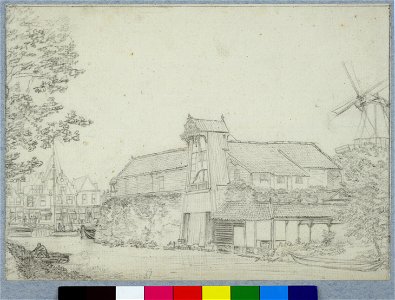 HUA-36454-Gezicht over de stadsbuitengracht te Utrecht op het bastion Morgenster met de kraan en de gebouwen van de steenhouwerij uit het noordwesten op de acht