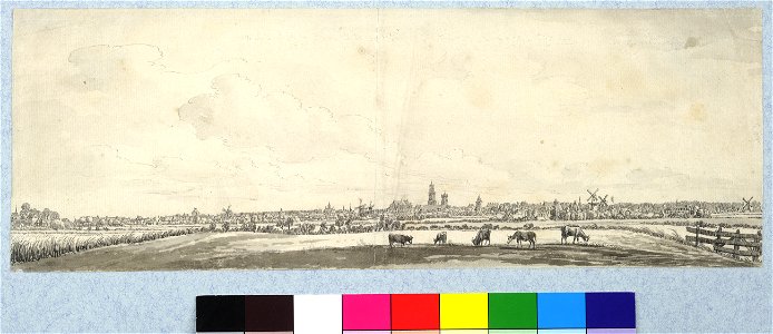 HUA-36216-Profiel van de stad Utrecht uit het noordwesten gezien De tekenaar stond ergens tussen de Daalsedijk en de Vecht Van links naar rechts zijn te herkenn