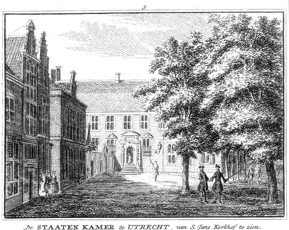 HUA-37812-Gezicht op de zuidwesthoek van het Janskerkhof te Utrecht met de Statenkamer