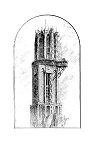 HUA-37108-Gezicht op de Domtoren te Utrecht tijdens de restauratie zonder spits uit het zuidwesten