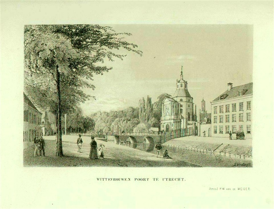 HUA-36642-Gezicht vanaf de Wittevrouwensingel over de stadsbuitengracht te Utrecht op de Wittevrouwenpoort en brug uit met noordoosten met rechts een gedeelte v