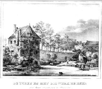 HUA-36720-Gezicht over de stadsbuitengracht op de stadswal te Utrecht met de waltoren de Beer en rechts de oostpunt van het Begijnebolwerk en het Begijnewaterpo