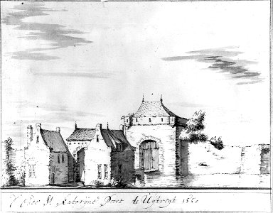 HUA-36461-Gezicht op de Catharijnepoort te Utrecht uit het westen met links de beide wachthuisjes en de voorpoort en in het midden achter de stadsbuitengracht e