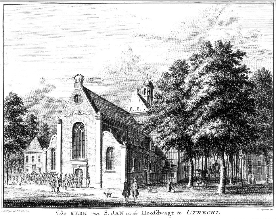 HUA-37195-Gezicht op de Janskerk op het Janskerkhof te Utrecht uit het zuidwesten met links van de kerk het gebouw van de Hoofdwacht