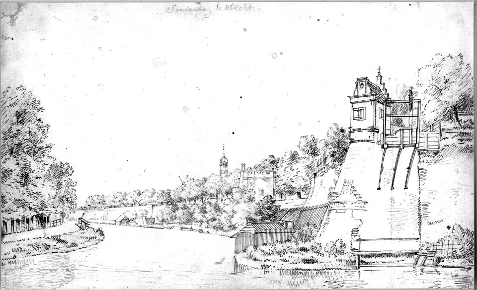 HUA-36409-Gezicht over de stadsbuitengracht op de stadswal te Utrecht uit het noordoosten met rechts het bastion Zonnenburg in het midden de toren op het St Ser