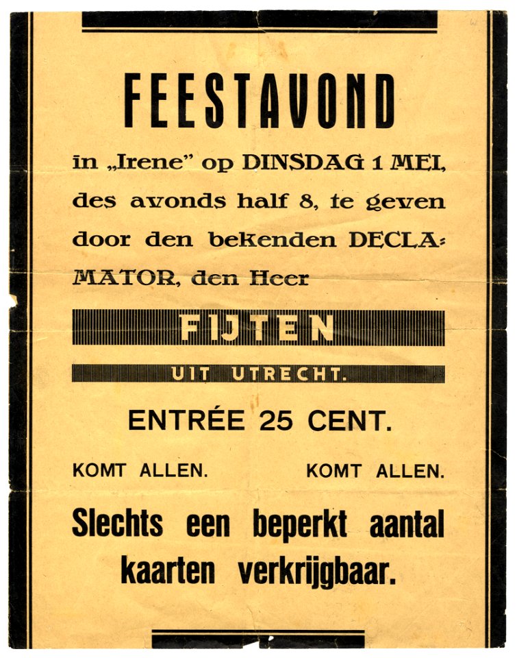 HUA-97691-Afbeelding van een affiche met de aankondiging van een feestavond met de declamator de heer Fijten in het gebouw Irene Keistraat 2 te Utrecht