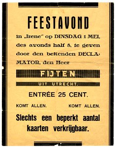 HUA-97691-Afbeelding van een affiche met de aankondiging van een feestavond met de declamator de heer Fijten in het gebouw Irene Keistraat 2 te Utrecht