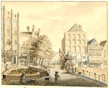 HUA-38535-Gezicht op de Oudegracht te Utrecht uit het zuidwesten met de Bezembrug en de stadskraan met links de voorgevels van de huizen Blijdestein en Rutenber