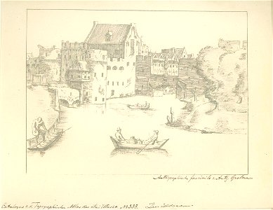 HUA-36777-Gezicht over de stadsbuitengracht te Utrecht op de middeleeuwse Weerdpoort en de Zandbrug bekroond door een stenen mannenfiguur met op de achtergrond 