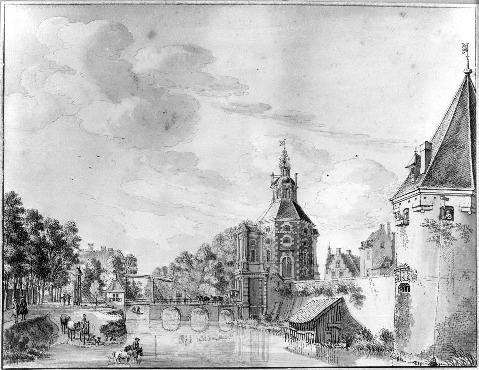 HUA-36612-Gezicht over de stadsbuitengracht te Utrecht op de stadswal met de Wittevrouwenpoort en brug uit het noorden met links het wed vanuit de Wittevrouwens