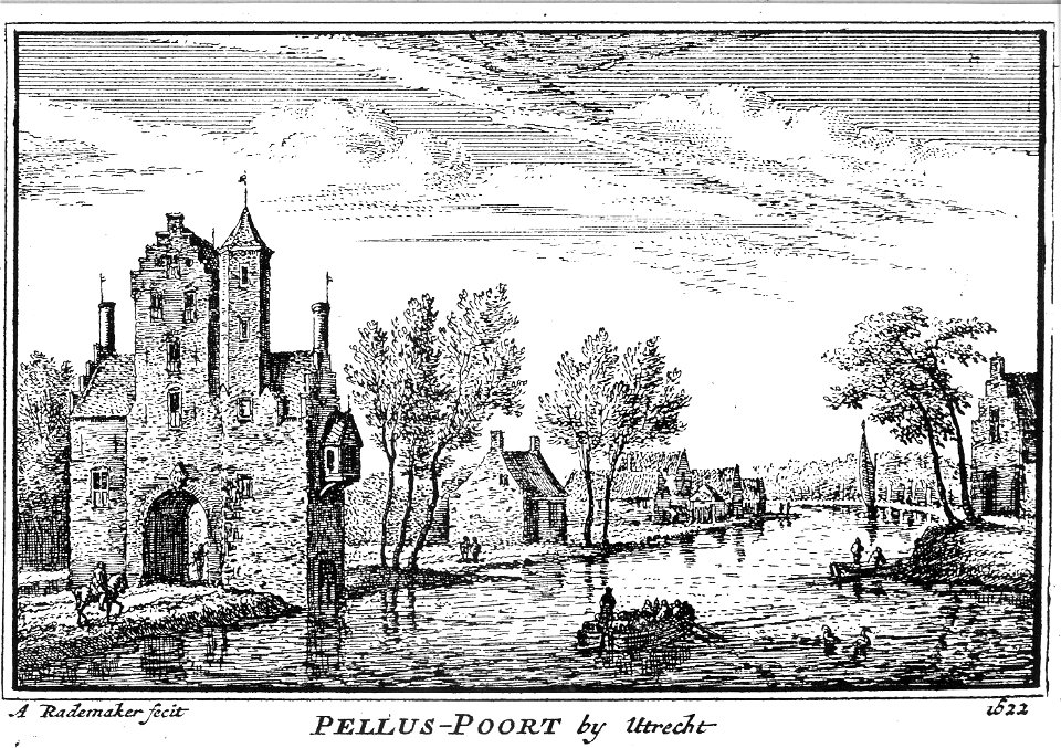 HUA-36798-Gezicht over de Vecht op de Vecht met de Pellecussenpoort buiten Utrecht in de richting van de stad uit het noordwesten