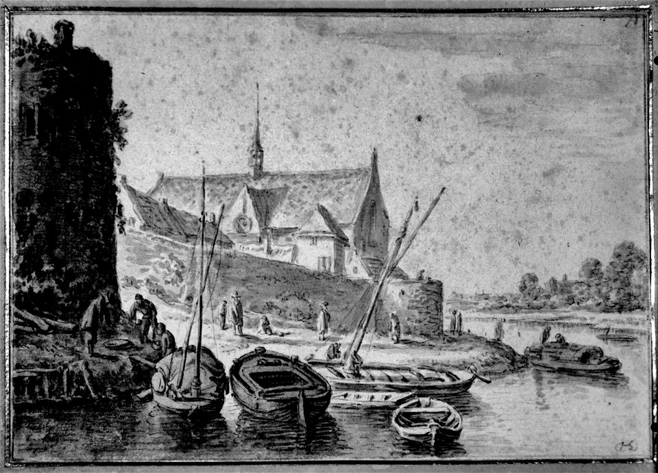 HUA-37625-Gezicht over de stadsbuitengracht te Utrecht op de kapel van het Duitse Huis achter de stadsmuur met links een waltoren uit het noordwesten