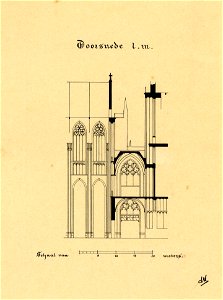 HUA-39860-Doorsnede van de twee zuidelijke traveeën van het schip van de Domkerk te Utrecht en de bisschopsloge boven de doorgang tussen kerk en toren