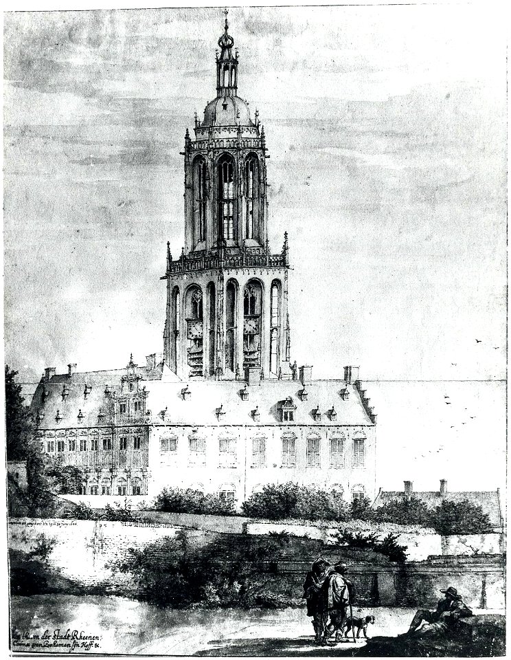 HUA-6299-Gezicht op het paleis van Frederik van de Palts met daarachter de Cuneratoren te Rhenen uit het noordwesten