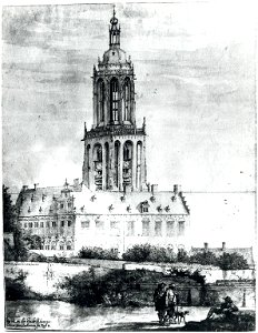 HUA-6299-Gezicht op het paleis van Frederik van de Palts met daarachter de Cuneratoren te Rhenen uit het noordwesten