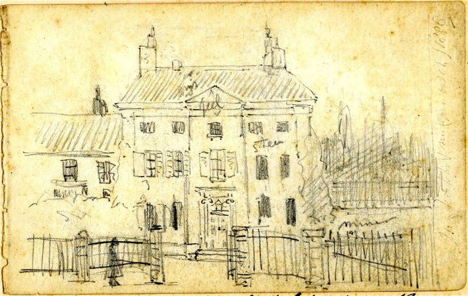 HUA-39390-Gezicht op de voorgevel van het enigszins terugliggende voormalige claustrale huis van St Jan Janskerkhof 17 te UtrechtNB Het huis is in 1887 gesloopt