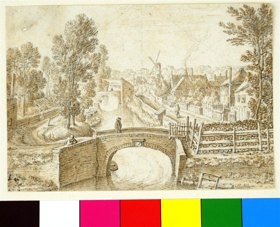HUA-38646-Gezicht vanaf de stadswal te Utrecht op de Bemuurde Weerd met de Westerstroom die onder de brug op de voorgrond in de Weerdsingel WZ uitkomt in de sta