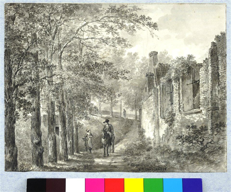 HUA-37753-Gezicht op de restanten van de voormalige St Servaasabdij te Utrecht met links de stadswal met tussen de bomen de ingang van het bastion Zonnenburg